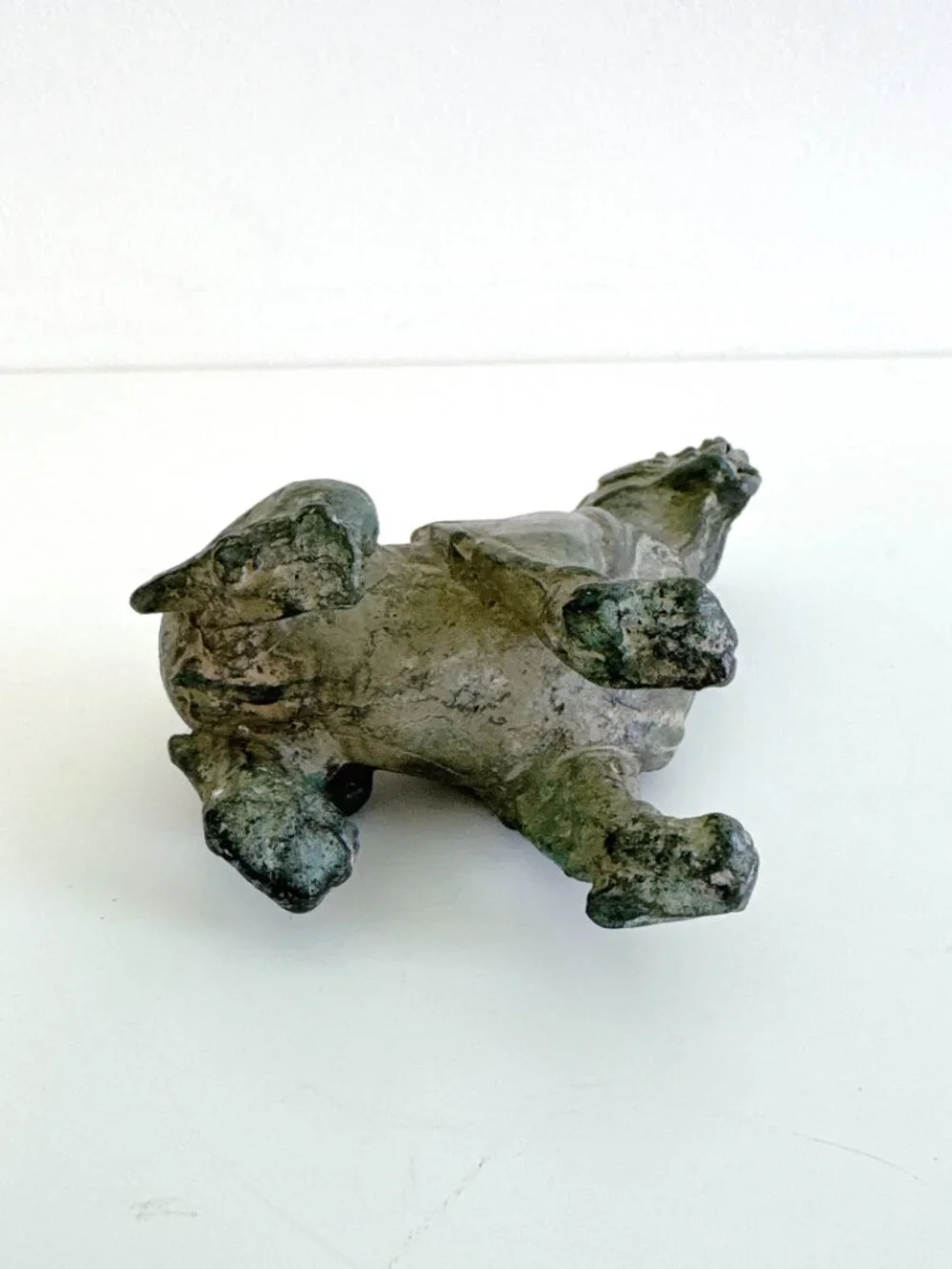 ANTIQUE CHINESE FOO DOG GUARDIAN LION METAL FIGURINE GREEN PATINA 4.75